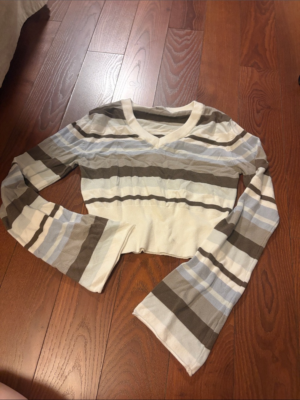 Ardene Striped V-Neck Long Sleeve Top - Cream, Brown & Light Blue